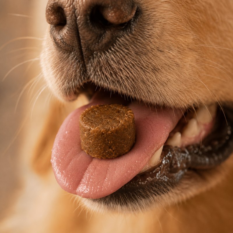 A soft chew on a happy dog's tongue