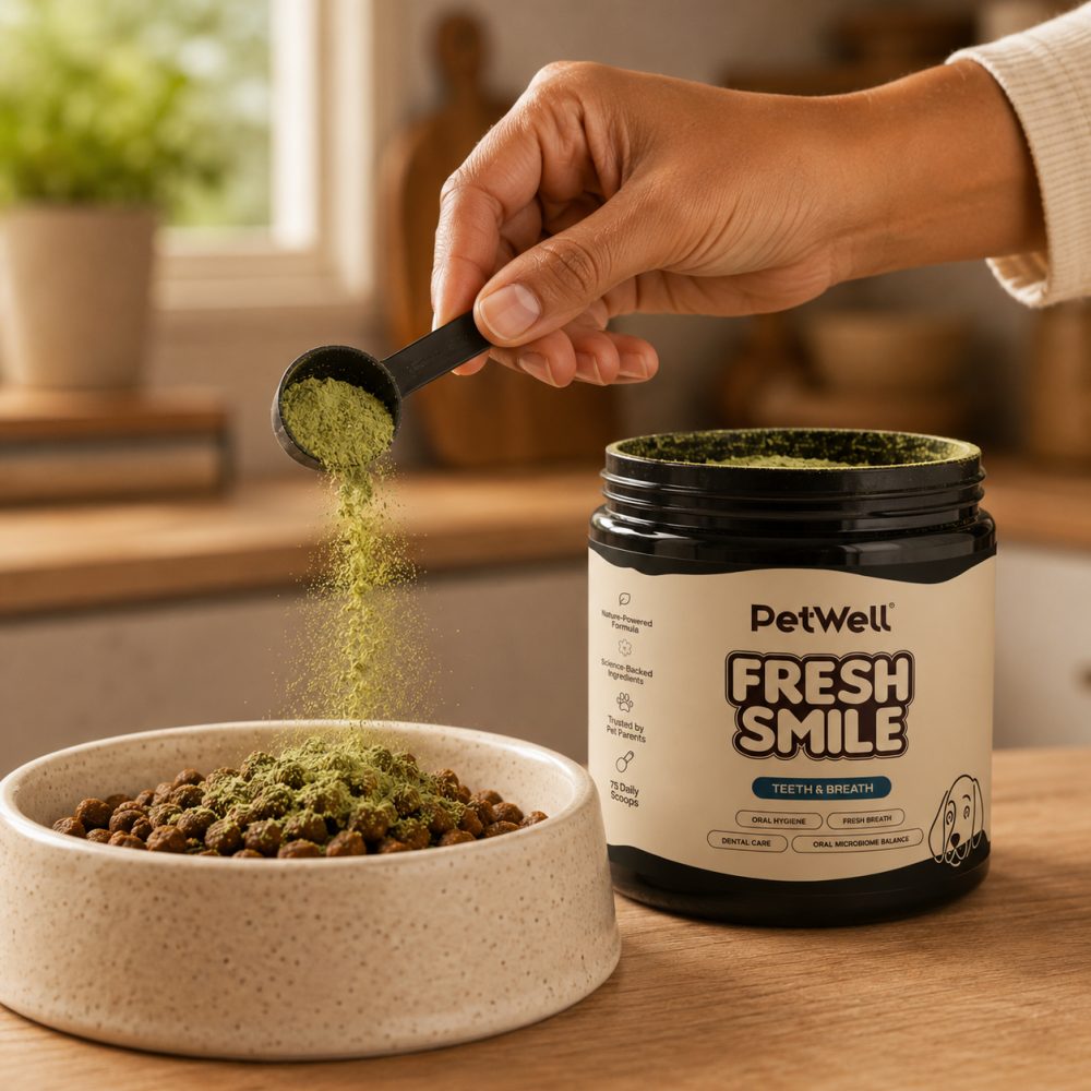Sprinkling a scoop of Fresh Smile onto a dog's food
