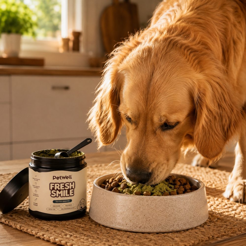 A dog enjoying its usual meal