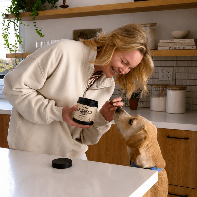 An owner giving their dog a chew