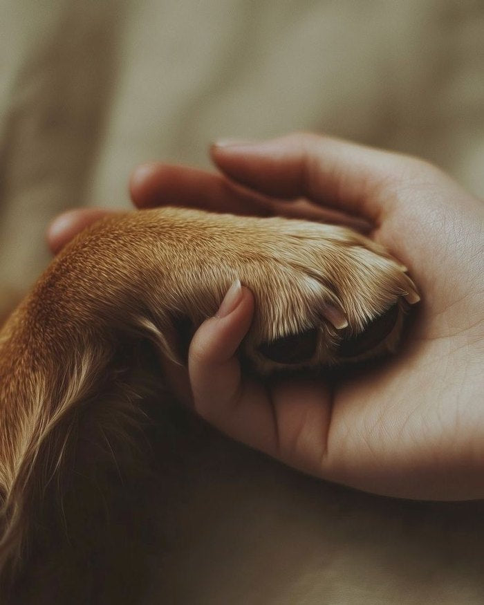 A dog's paw resting in an owner's hand